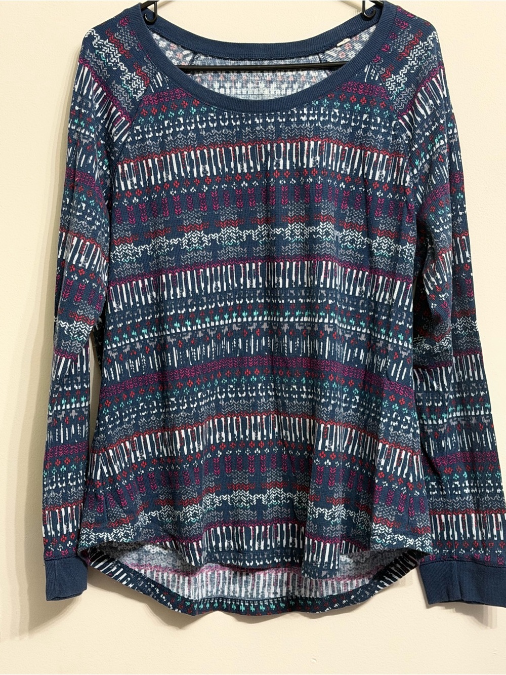 Women’s Navy Patterned Long-Sleeve Top - Casual Crewneck